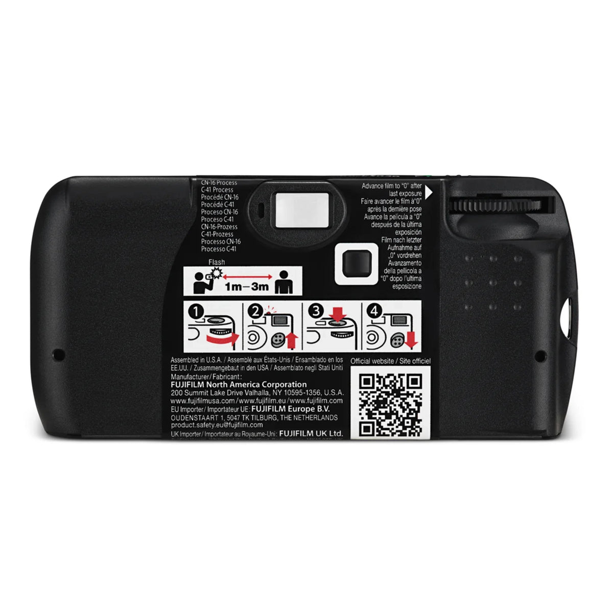 FUJIFILM QuickSnap sort-hvid engangskamera til 27 billeder – brugsanvisning, QR-kode, produktoplysninger, oversigt over sort-hvide fotos.