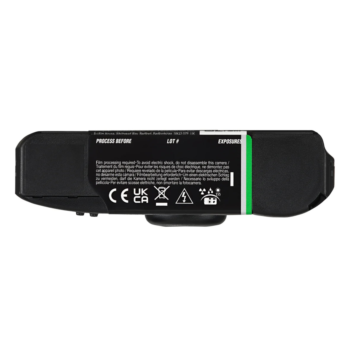 Fujifilm QuickSnap sort-hvid engangskamera med batterirum, advarselssymboler, grøn stribe, engelsk/fransk tekst.
