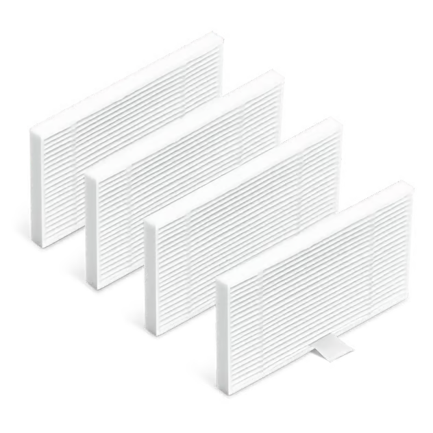 Fire TP-Link Tapo RVA521 vaskbare HEPA-filtre til Tapo RV20/RV30 i en 4-pak, opstillet på række.
