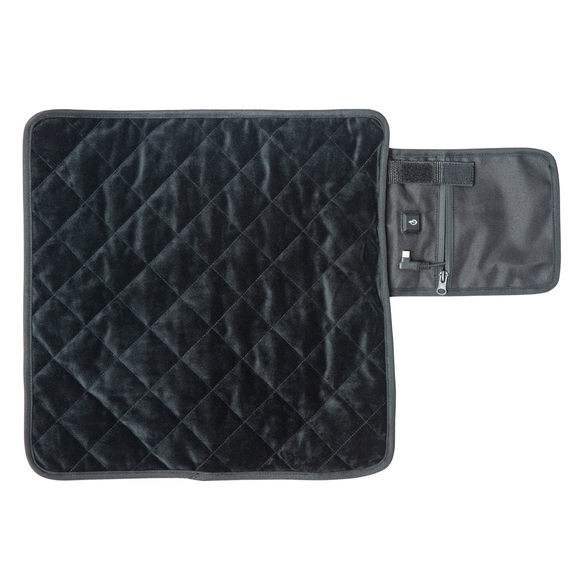 Elektrisk varmedyne, 41 x 41 cm, USB-C, sort, quiltet, med sædevarme og en lille lynlåslomme med spænde i højre side.