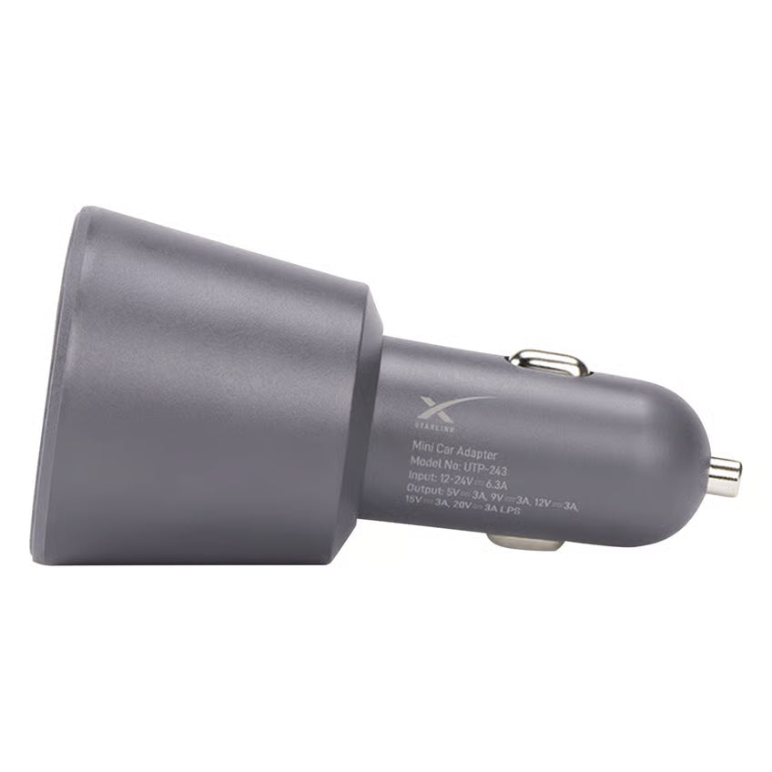 Starlink Mini-biladapter, grå, USB-C til 12–24 V med 12–24 V indgang og trykte specifikationer på siden.