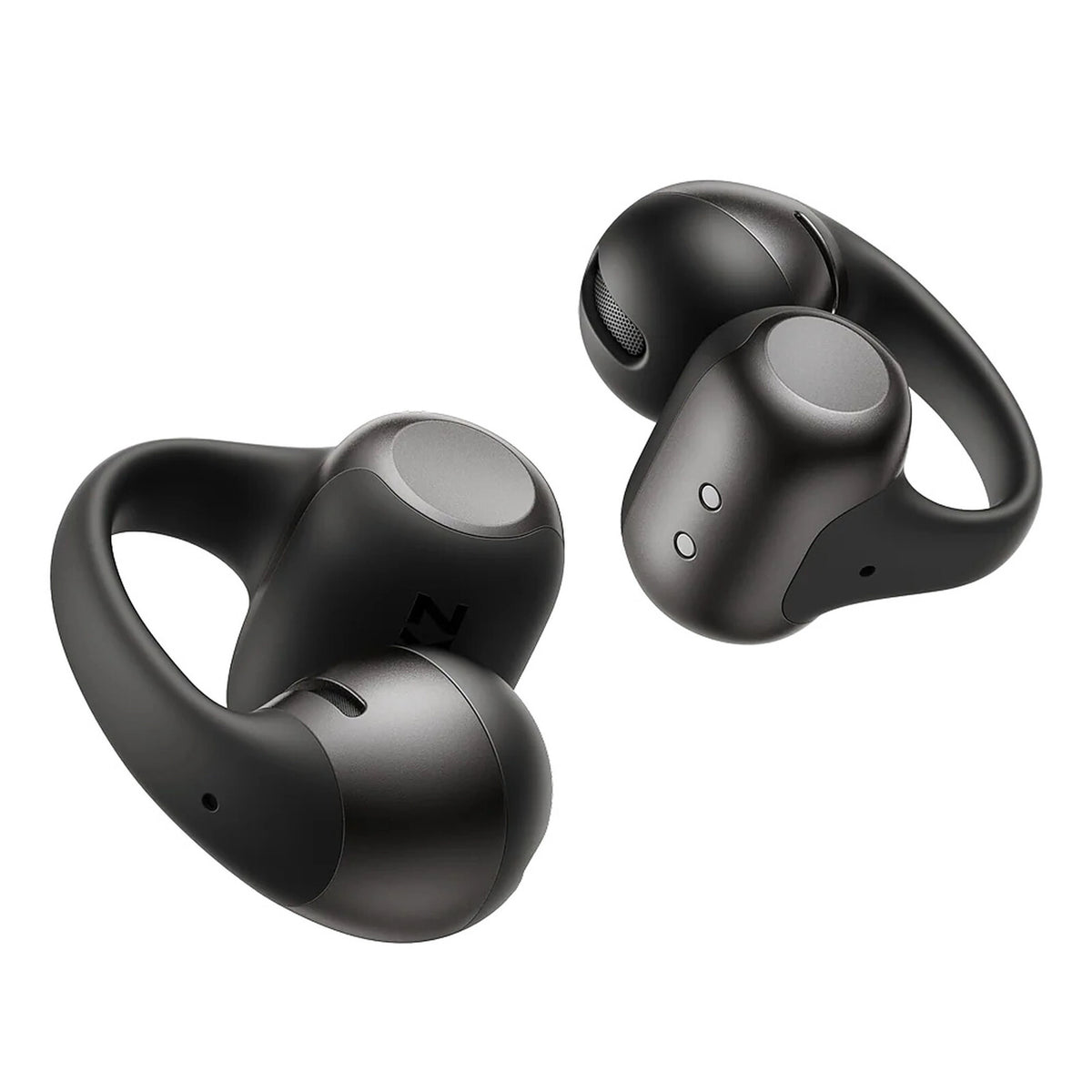 SHOKZ OpenDots 2 åbne clip-on-høretelefoner i sort med afrundede kanter, ørekroge og DirectPitch-teknologi.