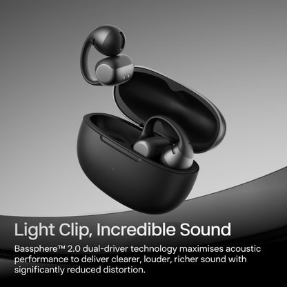 Shokz OpenDots 2 åbne klips-øretelefoner, sorte, i åbent opladningsetui, tekst: Light Clip, Incredible Sound, DirectPitch-teknologi.