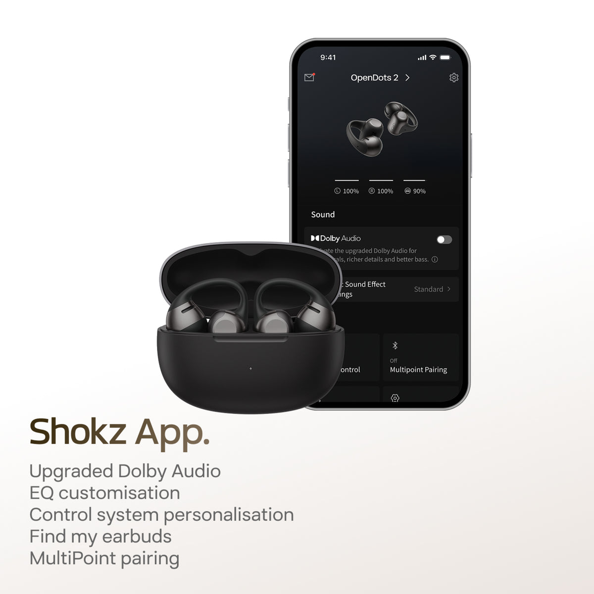 Shokz OpenDots 2 åbne clip-on-høretelefoner, sort, i åben opladningsæske, vises via app, Dolby Audio, EQ og MultiPoint-parring.