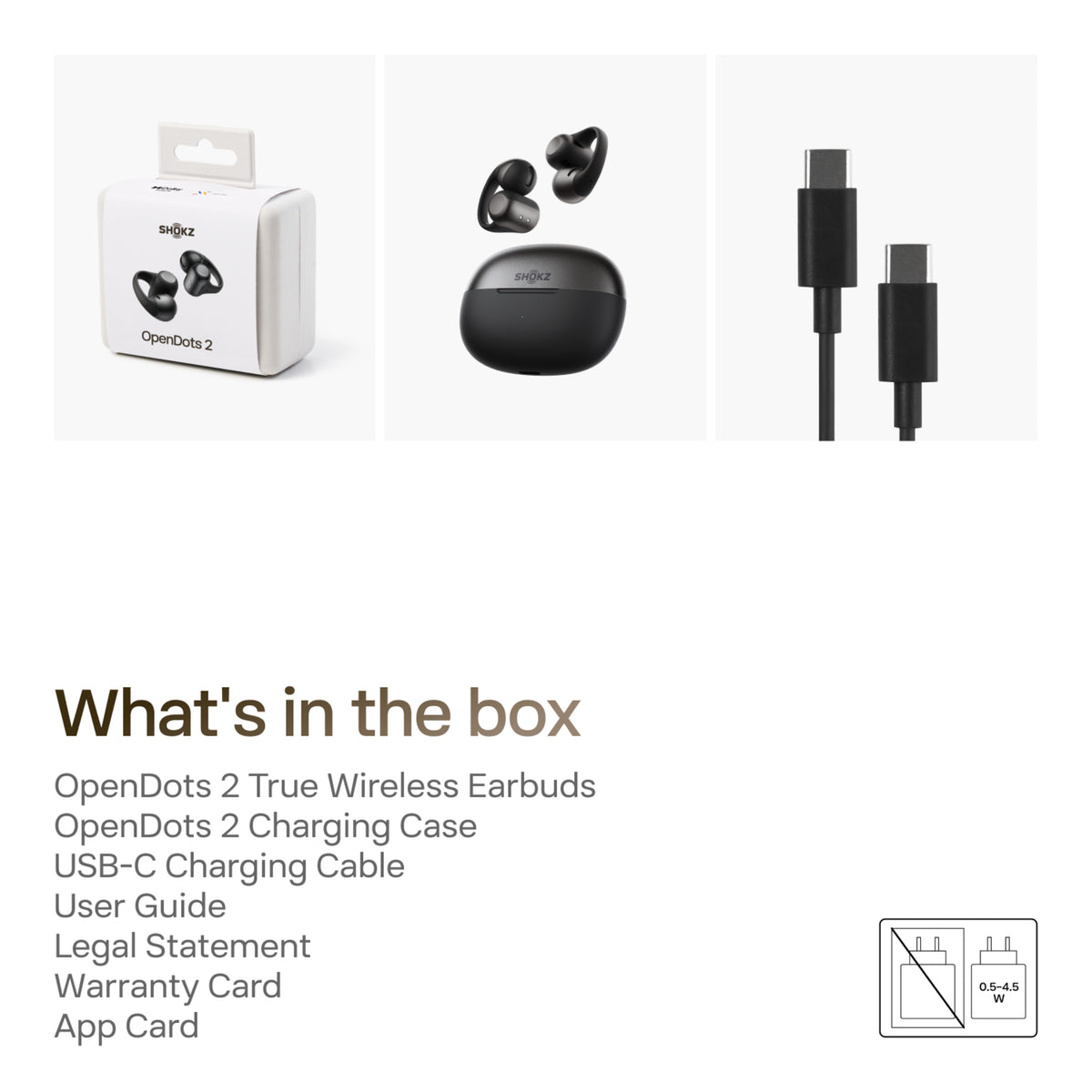 Shokz OpenDots 2 åbne clip-on-høretelefoner, sort, med opladningsetui, USB-C-kabel, brugervejledninger og kort.