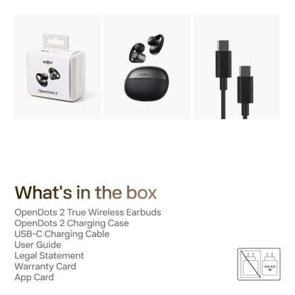 Shokz OpenDots 2 åbne clip-on-høretelefoner, sort, med opladningsetui, USB-C-kabel, brugervejledninger og kort.