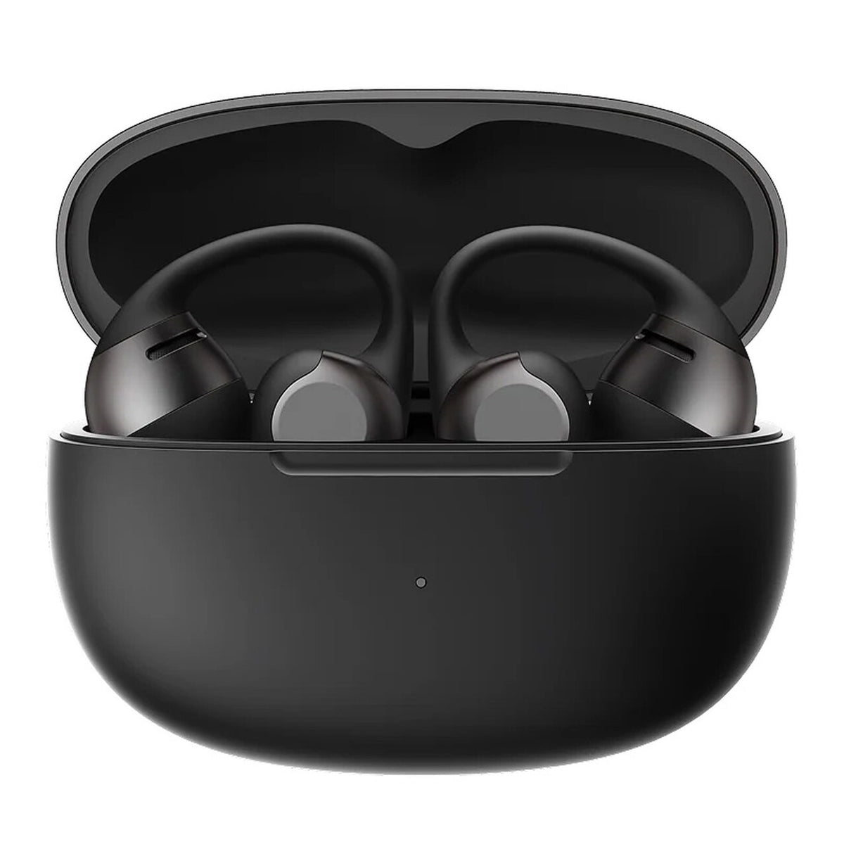 SHOKZ OpenDots 2 åbne clip-on-høretelefoner, sorte med ørekroge, i åbent opladningsetui med LED-indikator.