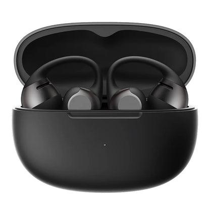 SHOKZ OpenDots 2 åbne clip-on-høretelefoner, sorte med ørekroge, i åbent opladningsetui med LED-indikator.