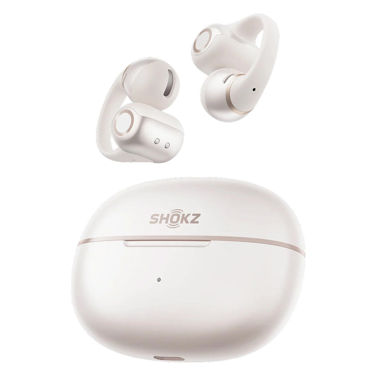 SHOKZ OpenDots 2 åbne clip-on-hovedtelefoner i hvid med silikone-ørekroge og DirectPitch-teknologi samt et ovalt opladningsetui.