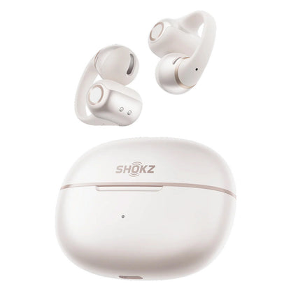 SHOKZ OpenDots 2 åbne clip-on-hovedtelefoner i hvid med silikone-ørekroge og DirectPitch-teknologi samt et ovalt opladningsetui.