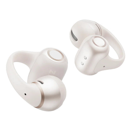 Shokz OpenDots 2 åbne clip-on-høretelefoner i hvidt med ørekroge, afrundet design og små betjeningsknapper på siderne.