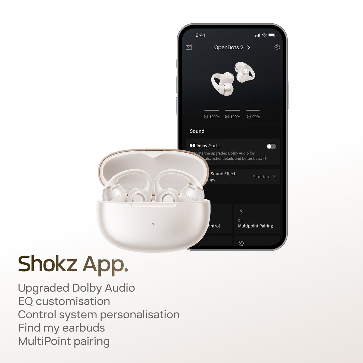 SHOKZ OpenDots 2 åbne clip-on-høretelefoner i hvid med medfølgende etui og synlige lydindstillinger via appen på smartphonen.
