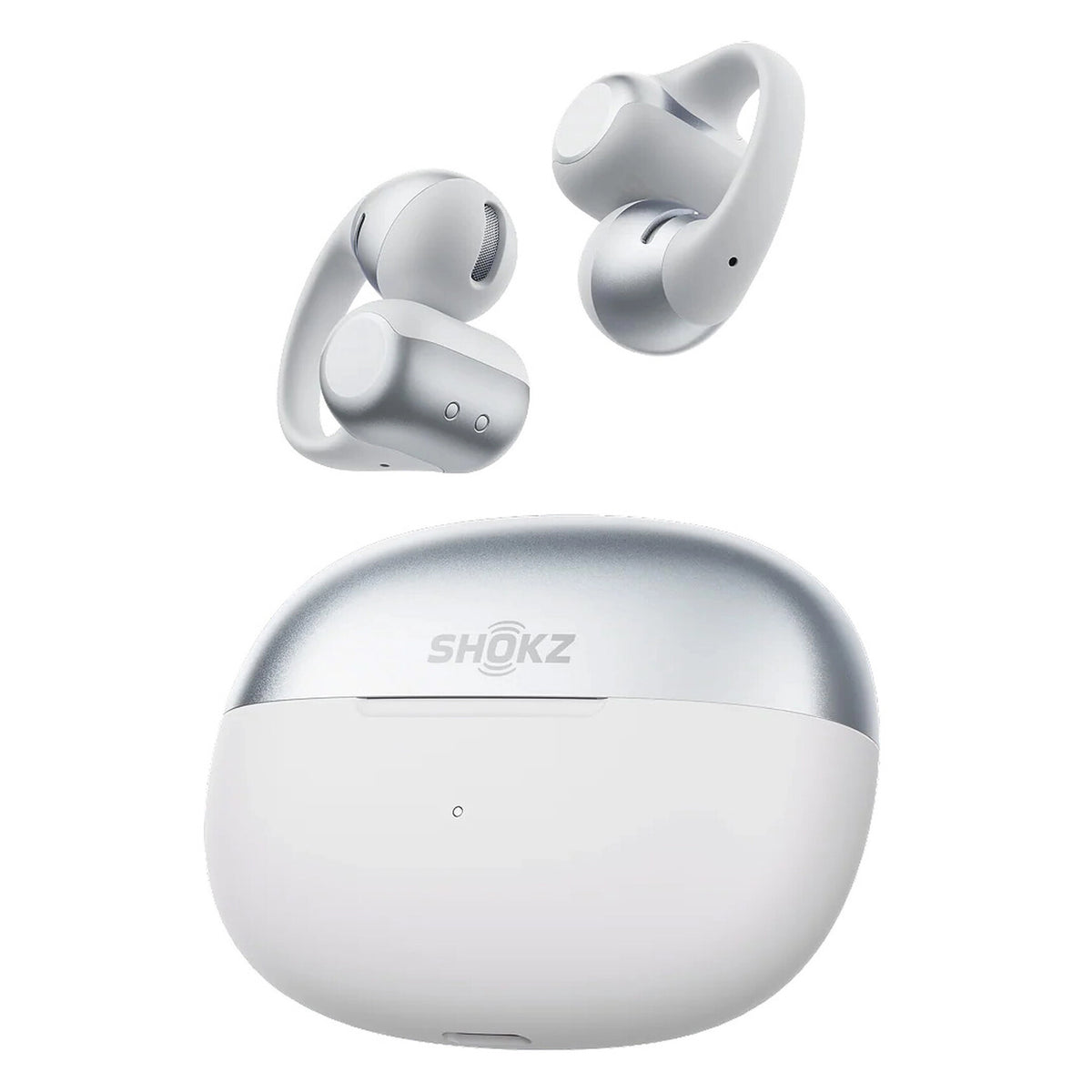 Shokz OpenDots 2 åbne clip-on-høretelefoner i gråt med ørekroge, leveres med et rundt, gråt opladningsetui, DirectPitch-teknologi.
