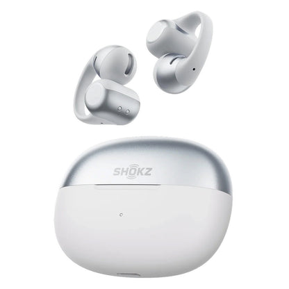 Shokz OpenDots 2 åbne clip-on-høretelefoner i gråt med ørekroge, leveres med et rundt, gråt opladningsetui, DirectPitch-teknologi.