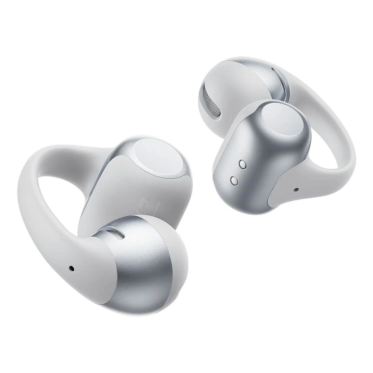 Shokz OpenDots 2 – grå open-ear-hovedtelefoner med klips, ergonomiske bøjler, indikatorlys og DirectPitch-teknologi.