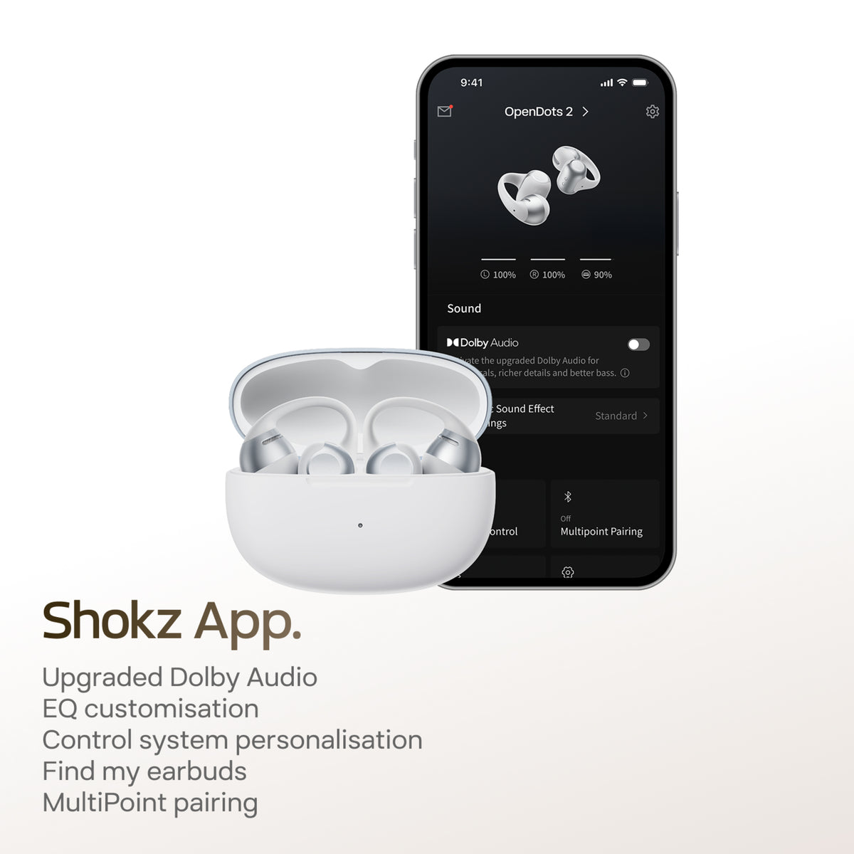 Shokz OpenDots 2 åbne clip-on-høretelefoner, grå, i åbent opladningsetui, kan styres via smartphone med app, Dolby Audio, EQ.