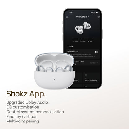 Shokz OpenDots 2 åbne clip-on-høretelefoner, grå, i åbent opladningsetui, kan styres via smartphone med app, Dolby Audio, EQ.