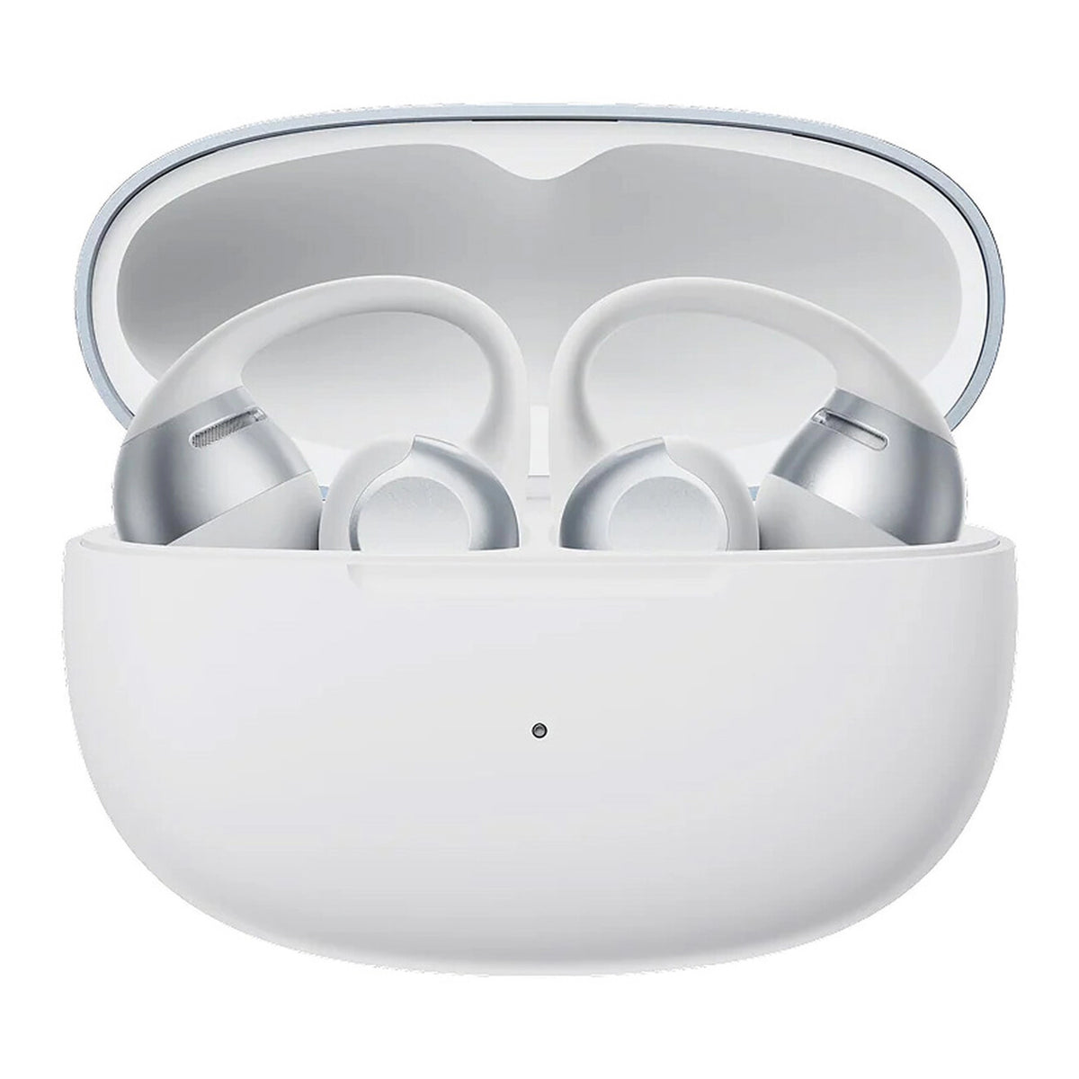 Shokz OpenDots 2 åbne clip-on-høretelefoner i grå farve i et åbent, hvidt opladningsetui med LED-indikator og DirectPitch-teknologi.