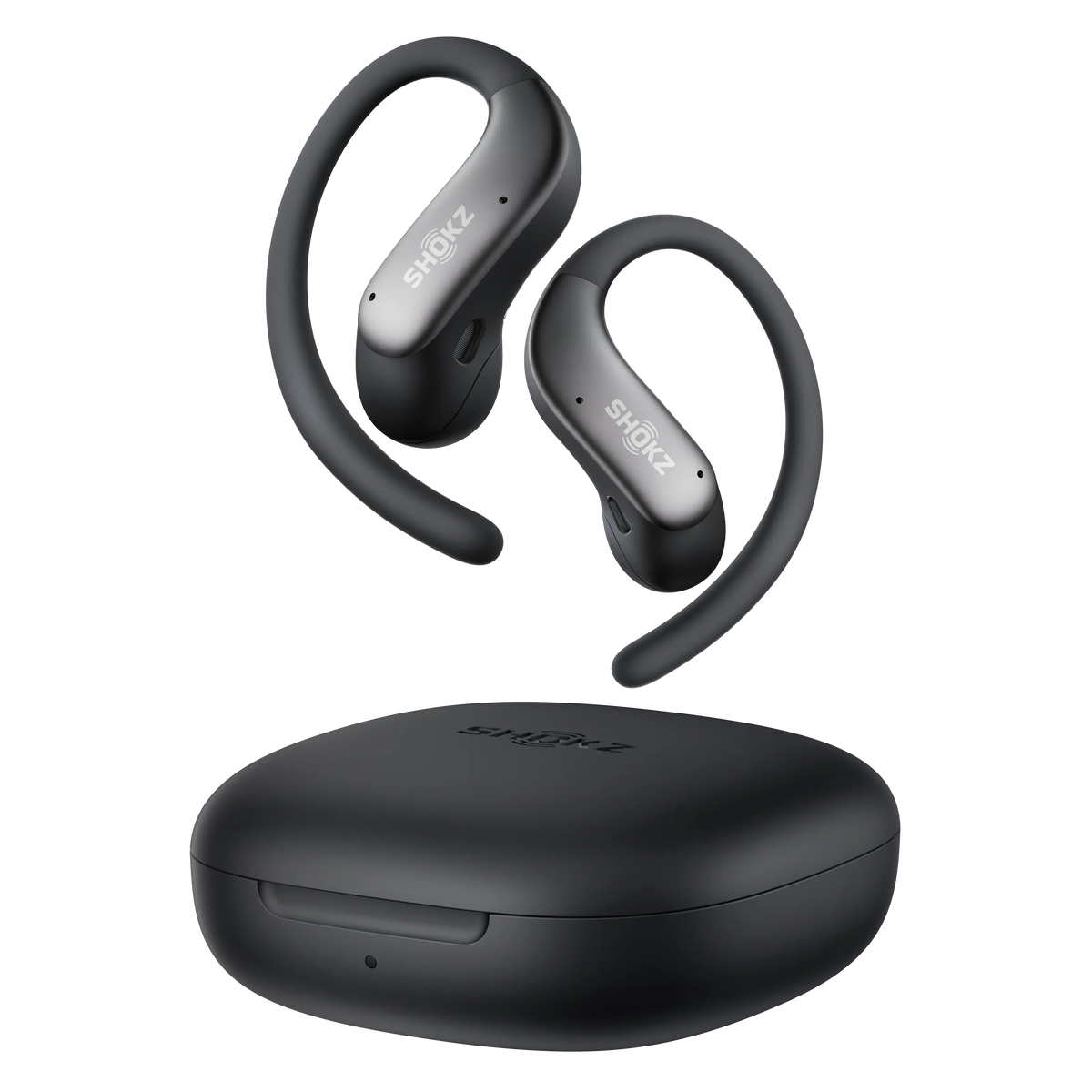 Shokz OpenFit Air 2 åbne øretelefoner i sort med ørekroge og opladningsetui, SHOKZ-logo på øretelefonerne og etuiet.