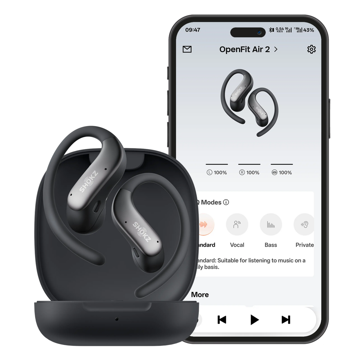 Shokz OpenFit Air 2 open-ear-høretelefoner i sort i opladningsetui til brug sammen med en smartphone via Earbuds-appen.