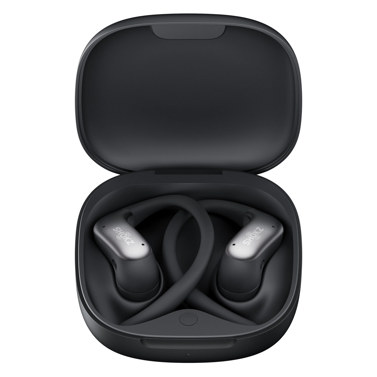Shokz OpenFit Air 2 åbne øretelefoner, sort, med ørekroge i åbent opladningsetui.