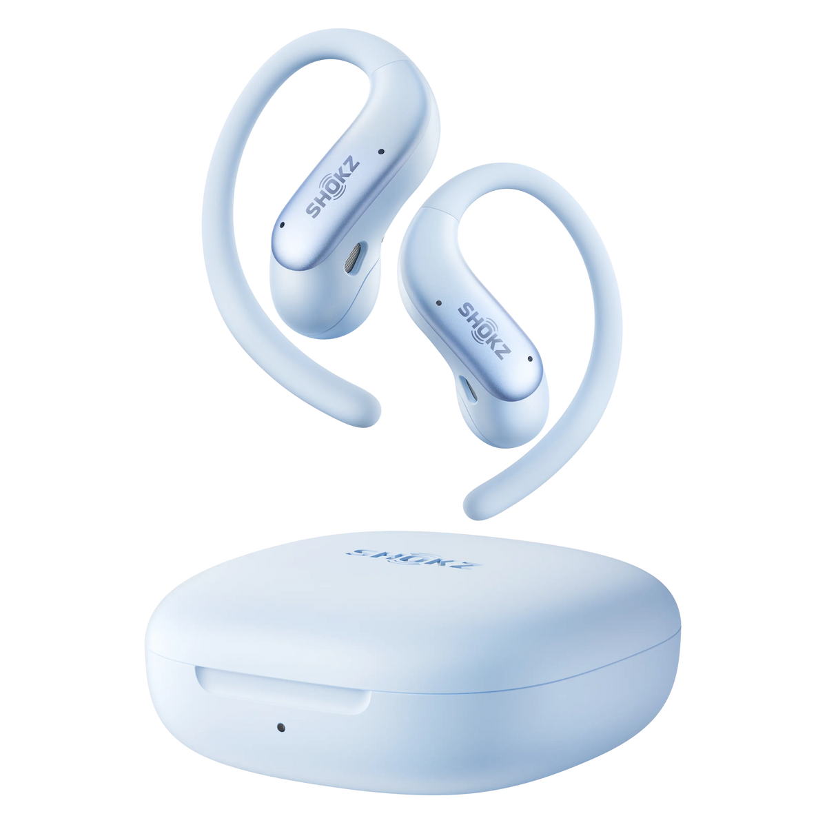 Shokz OpenFit Air 2 open-ear-høretelefoner i blå med ørekroge i et kompakt SHOKZ-etui i samme blå farve.