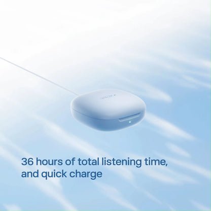 Shokz OpenFit Air 2 open-ear-hovedtelefoner i lyseblå, blå opladningsetui, tekst: 36 timers afspilning og hurtigopladning.