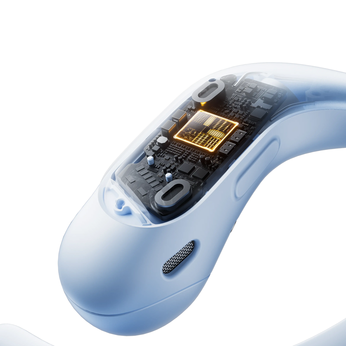 Shokz OpenFit Air 2 åbne øretelefoner i blå, med en næsten gennemsigtig del, hvor printkortet er synligt oplyst.