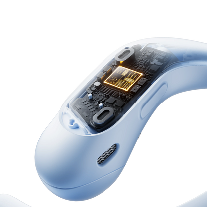 Shokz OpenFit Air 2 åbne øretelefoner i blå, med en næsten gennemsigtig del, hvor printkortet er synligt oplyst.