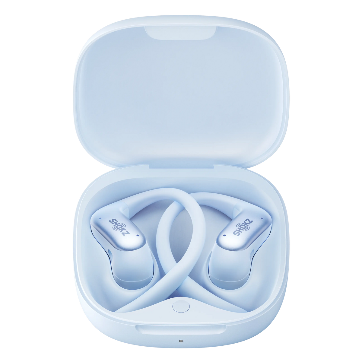 SHOKZ OpenFit Air 2 åbne øretelefoner i blå med ørekroge i et åbent, matchende opladningsetui set ovenfra.