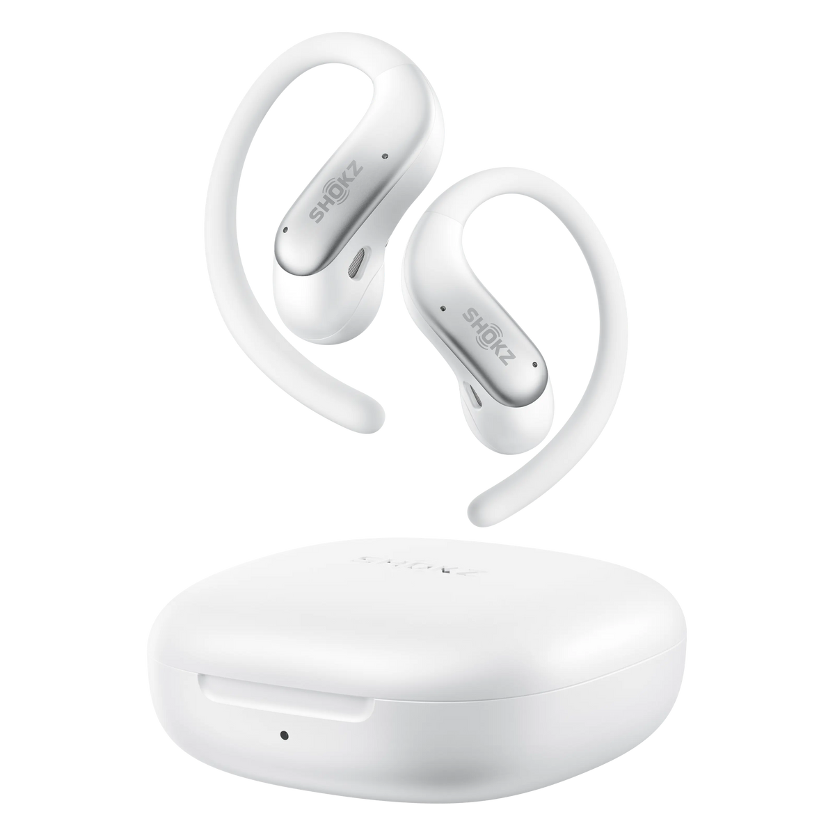 SHOKZ OpenFit Air 2 hovedtelefoner med åbne øretelefoner, hvid, med ørebøjler og tilhørende opladningsetui.