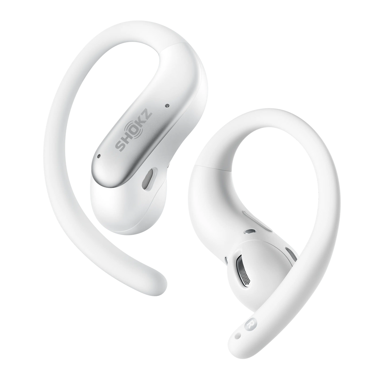 Shokz OpenFit Air 2 åbne øretelefoner i hvid, sidder rundt om øret.