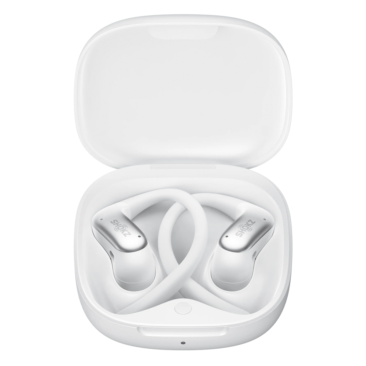 Shokz OpenFit Air 2 åbne øretelefoner i hvid med ørekroge i et matchende opladningsetui.