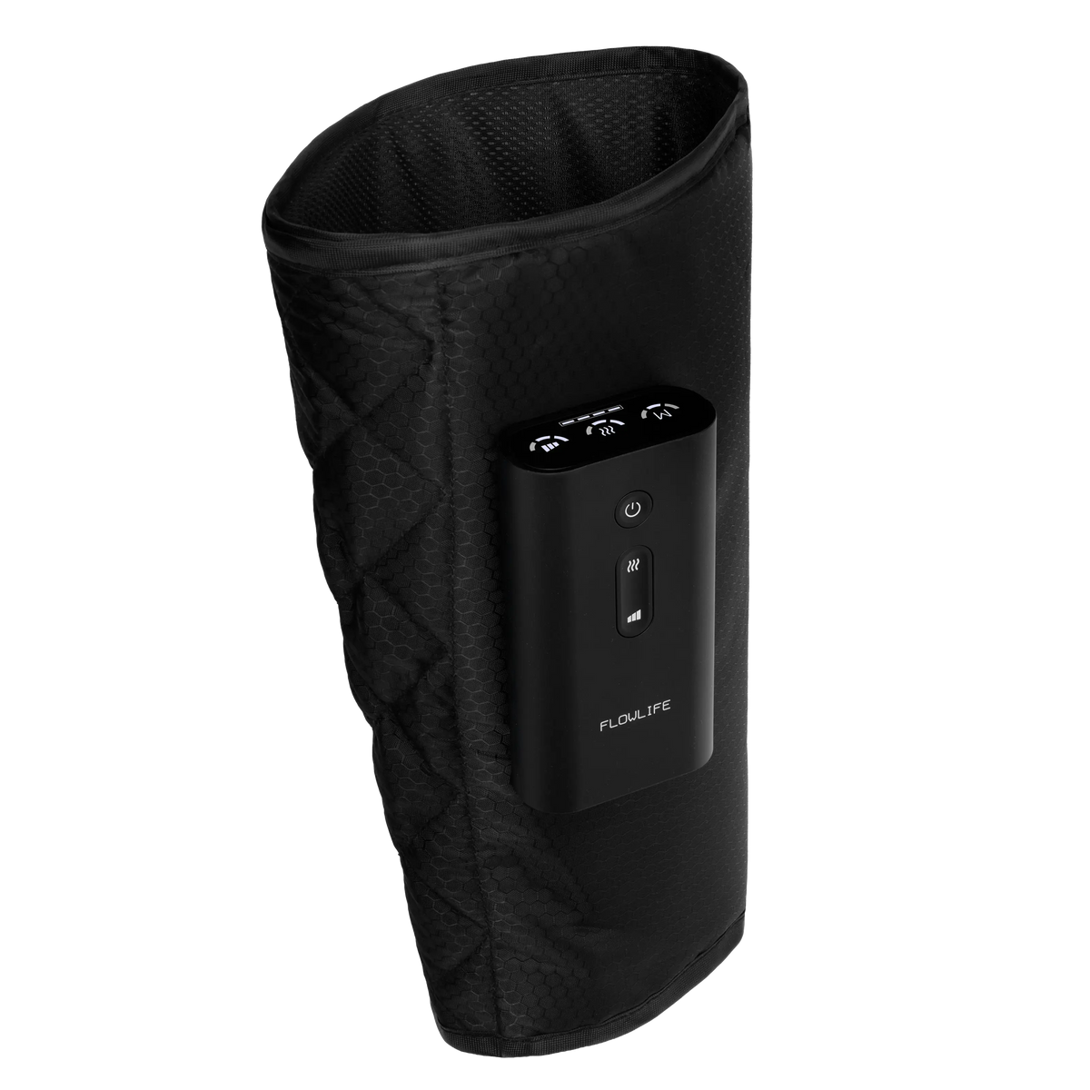 Sort Flowlife Flowpression Calf – læg-kompressionsmassage med lufttryk og kontrolpanel med lys til varme og massage.