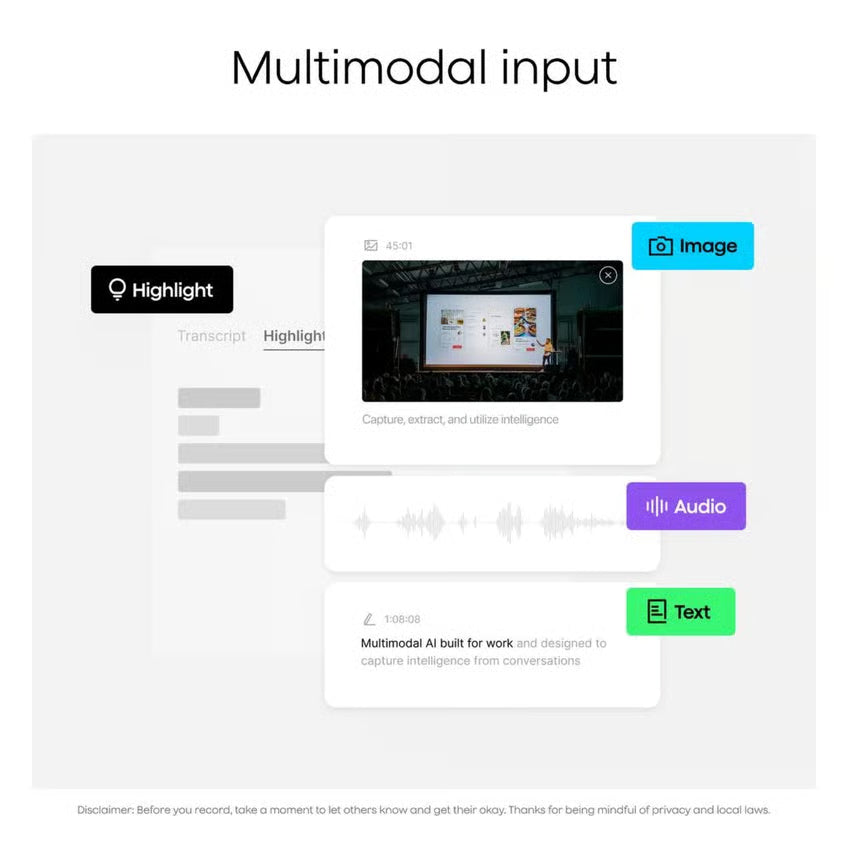 Digitalt interface til PLAUD NotePin S AI-diktafon i sort med indgangsmuligheder for billede, lyd og tekst.