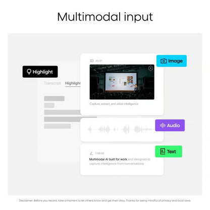 Digitalt interface til PLAUD NotePin S AI-diktafon i sort med indgangsmuligheder for billede, lyd og tekst.