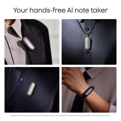 Sort, pilleformet PLAUD NotePin S AI-diktafon med transskription til tøj, snor eller armbånd.