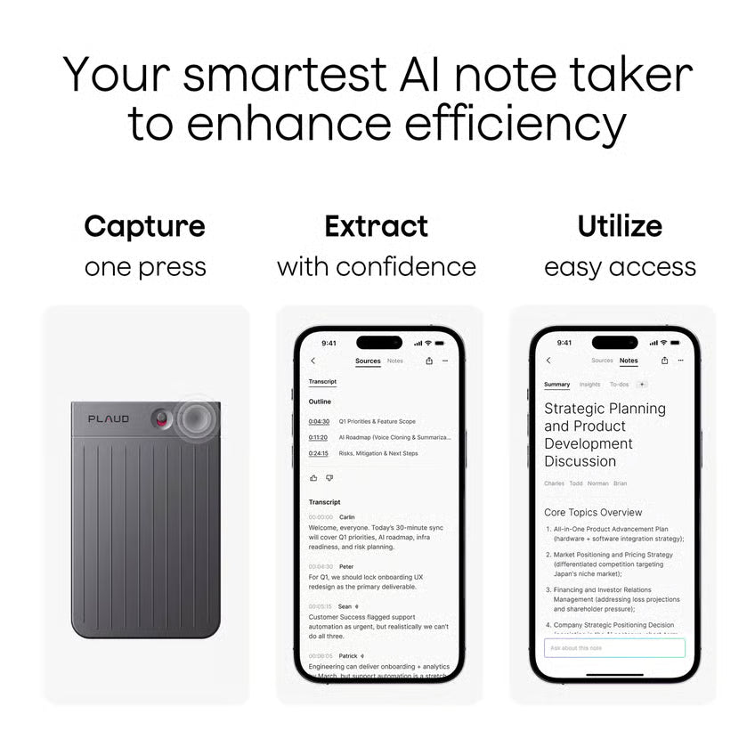 Sorter PLAUD Note AI-diktafon med transskription, der er tilknyttet to smartphones med AI-mødeprotokoller og resuméer.