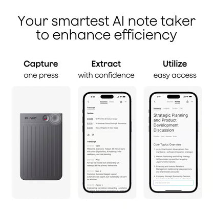 Sorter PLAUD Note AI-diktafon med transskription, der er tilknyttet to smartphones med AI-mødeprotokoller og resuméer.