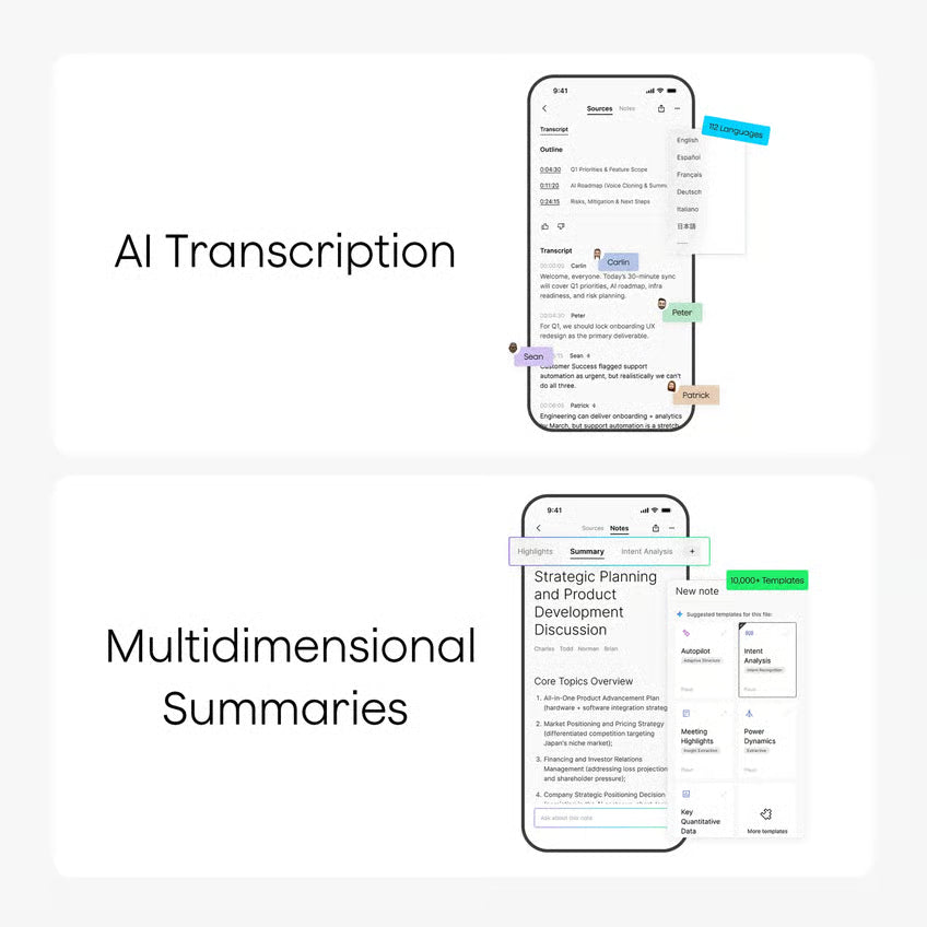 Til smartphones med PLAUD Note AI-diktafon-appens brugergrænseflade i sort, transskription, talegenkendelse og resumé.