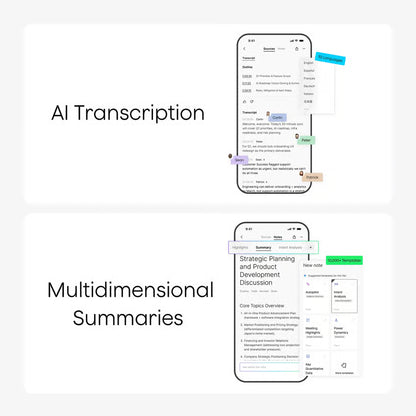 Til smartphones med PLAUD Note AI-diktafon-appens brugergrænseflade i sort, transskription, talegenkendelse og resumé.