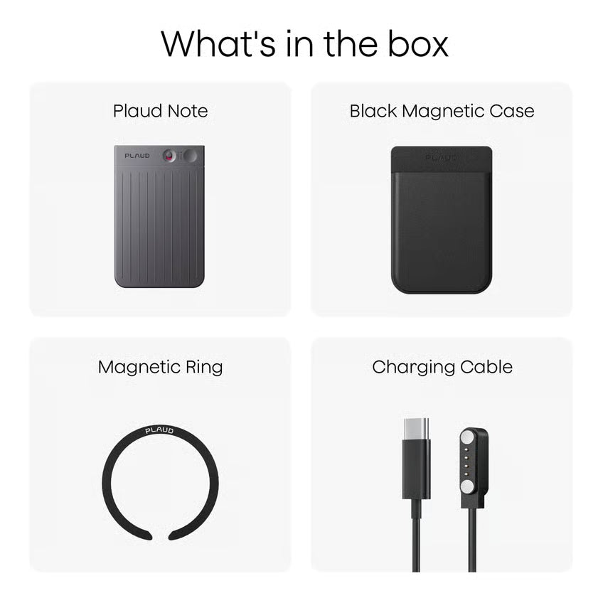 PLAUD Note AI-diktafon, sort, med magnetisk etui, magnetisk ring og USB-C-opladerkabel.