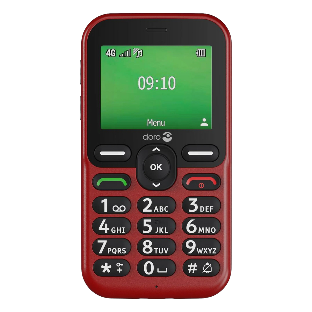 Doro Leva E11 håndholdt telefon i rød med store sort-hvide taster, sikkerhedsknap, grøn/rød opkaldsknap, lille skærm med 09:10/Menu.