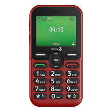 Doro Leva E11 håndholdt telefon i rød med store sort-hvide taster, sikkerhedsknap, grøn/rød opkaldsknap, lille skærm med 09:10/Menu.