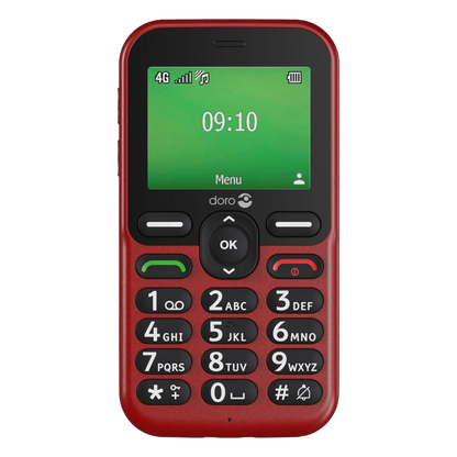 Doro Leva E11 håndholdt telefon i rød med store sort-hvide taster, sikkerhedsknap, grøn/rød opkaldsknap, lille skærm med 09:10/Menu.