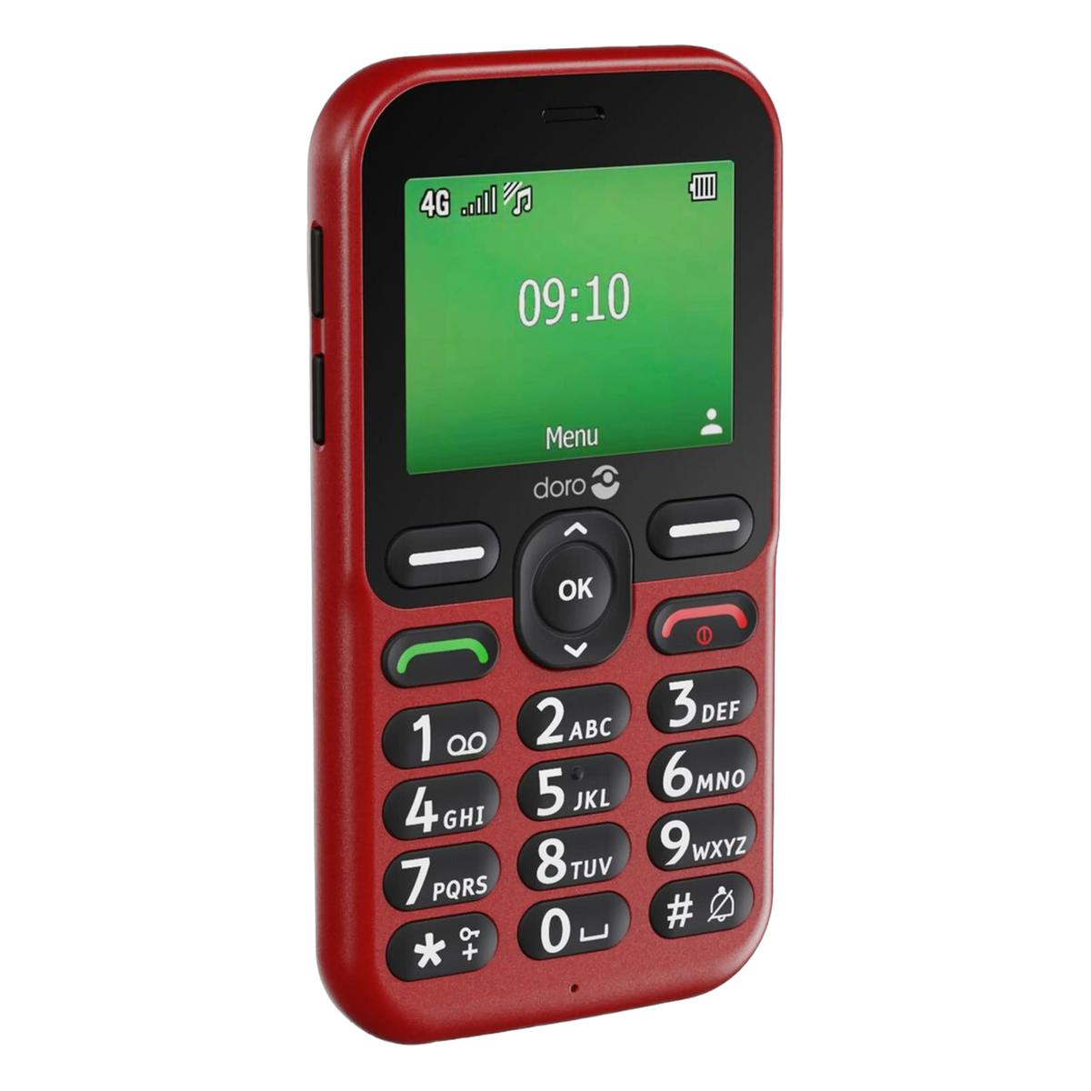 Doro Leva E11 knaptelefon i rød med stort tastatur og en grøn skærm, der viser kl. 09:10.