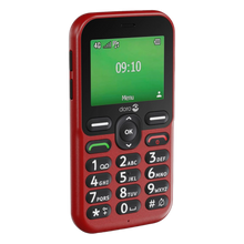 Doro Leva E11 knaptelefon i rød med stort tastatur og en grøn skærm, der viser kl. 09:10.