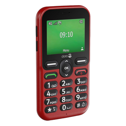 Doro Leva E11 knaptelefon i rød med stort tastatur og en grøn skærm, der viser kl. 09:10.