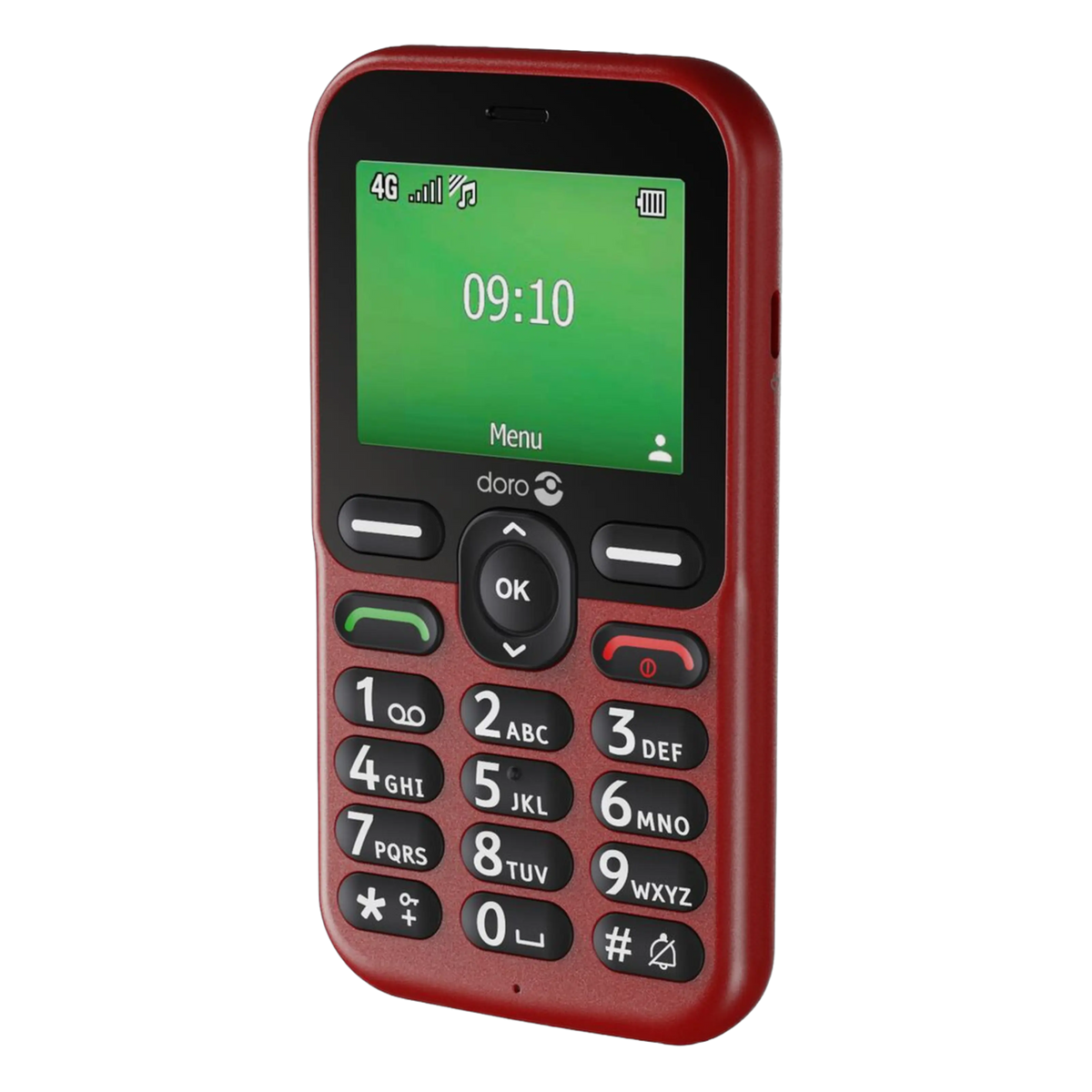 Doro Leva E11 rød håndsætstelefon med stor sikkerhedsknap, lille farveskærm, tydelige knapper, visning af signal, batteristatus og 4G kl. 09:10.