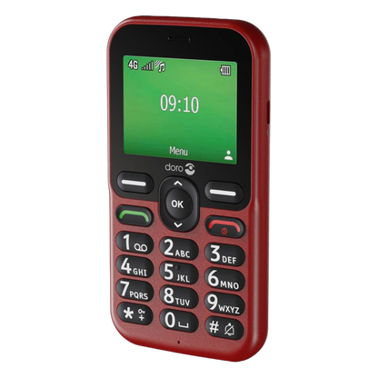 Doro Leva E11 rød håndsætstelefon med stor sikkerhedsknap, lille farveskærm, tydelige knapper, visning af signal, batteristatus og 4G kl. 09:10.